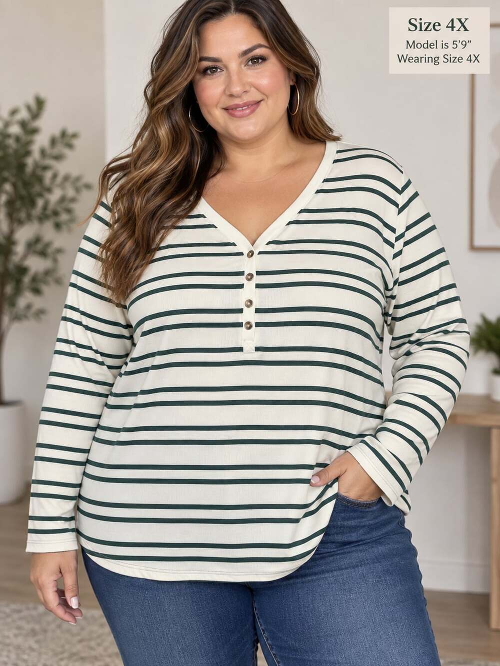 NWT Sonoma Goods For Life Ribbed Long Sleeve Henley Size 4X Green Striped
